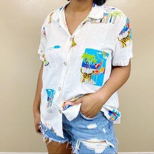 Vintage Linen Beach Print Top - Size Large